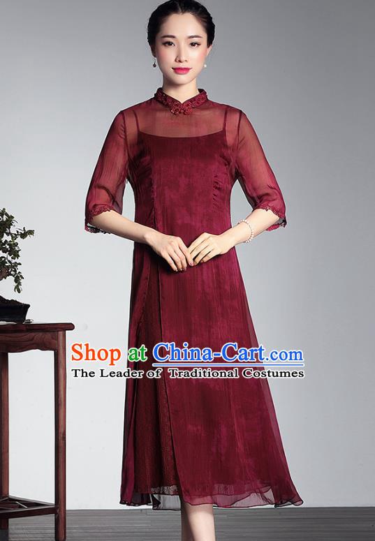 Asian Republic of China Top Grade Plated Buttons Dark Red Silk Cheongsam, Traditional Chinese Tang Suit Qipao Dress for Women