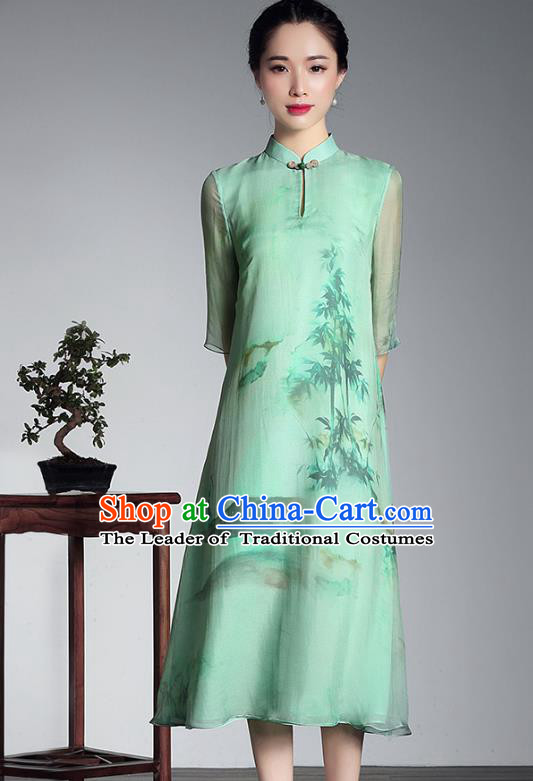 Asian Republic of China Top Grade Plated Buttons Light Green Silk Printing Cheongsam, Traditional Chinese Tang Suit Qipao Dress for Women