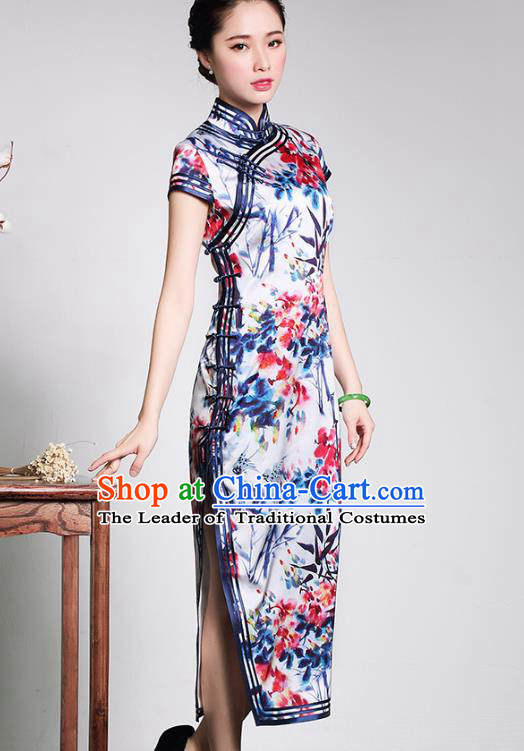 Asian Republic of China Young Lady Retro Plated Buttons Printing Silk Cheongsam, Traditional Chinese Wedding Qipao Tang Suit Dress for Women