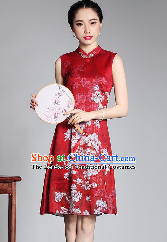 Asian Republic of China Young Lady Retro Plated Buttons Printing Red Silk Cheongsam, Traditional Chinese Wedding Qipao Tang Suit Dress for Women