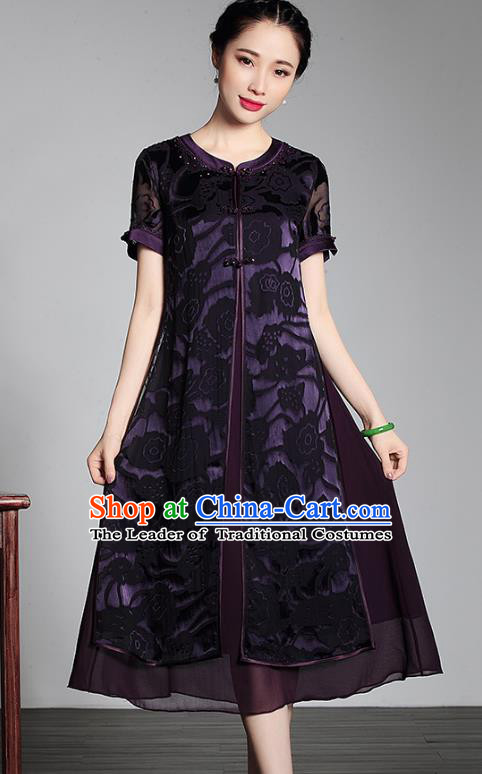 Asian Republic of China Young Lady Retro Plated Buttons Purple Lace Silk Cheongsam, Traditional Chinese Wedding Qipao Tang Suit Dress for Women