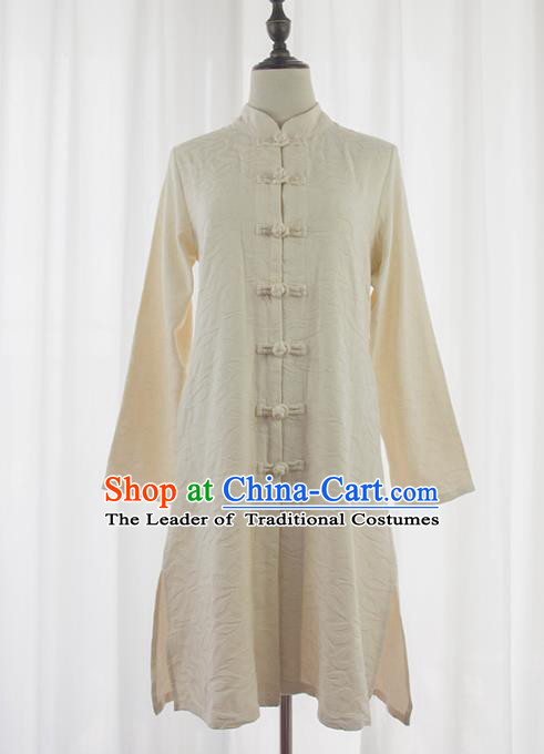 Asian China White Linen Plated Buttons Shirt, Traditional Chinese Tang Suit Coats for Women