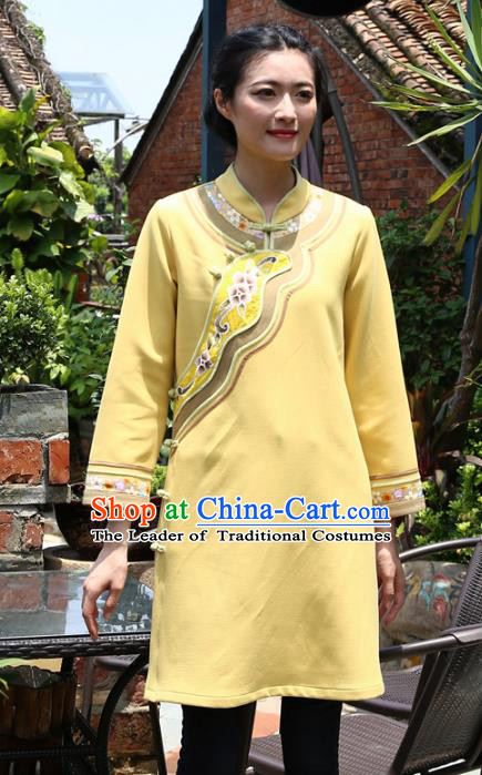 Asian China Top Grade Yellow Linen Hand Painting Cheongsam Blouse, Traditional Chinese Tang Suit Hanfu Plated Button Qipao Shirts for Women