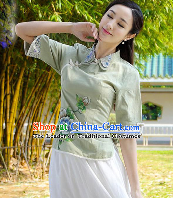 Asian China Top Grade Green Linen Cheongsam Blouse, Traditional Chinese Tang Suit Hanfu Plated Button Qipao Shirts for Women