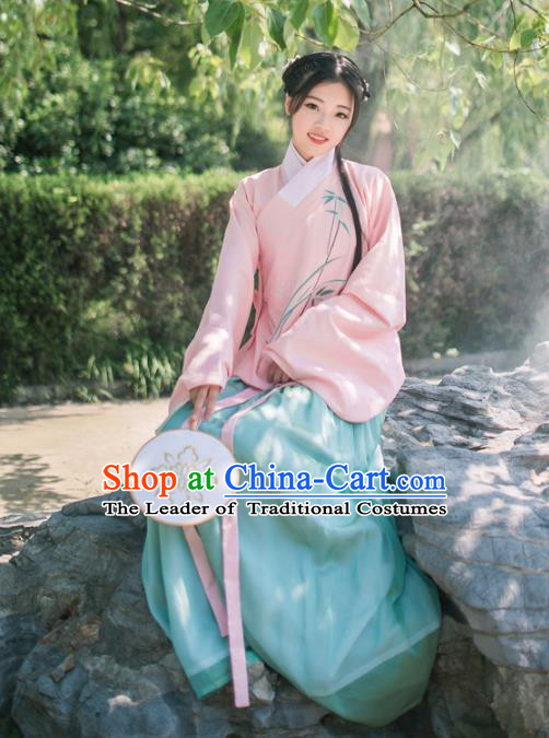Asian China Ming Dynasty Young Lady Costume Embroidery Pink Blouse and Skirt Complete Set