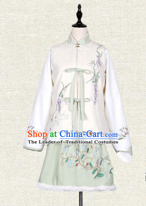Asian China Ming Dynasty Princess Embroidered Costume, Traditional Ancient Chinese Palace Lady Embroidery Vest Blouse and Skirt Clothing for Women