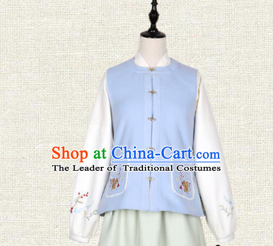 Asian China Ming Dynasty Young Lady Costume Blue Embroidered Cardigan, Traditional Ancient Chinese Princess Elegant Hanfu Clothing for Women