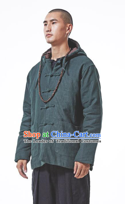 Asian China National Costume Green Cotton-padded Jacket, Traditional Chinese Tang Suit Plated Buttons Coat Clothing for Men