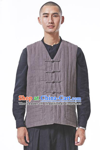 Asian China National Costume Grey Cotton-padded Linen Vest, Traditional Chinese Tang Suit Plated Buttons Waistcoat Clothing for Men