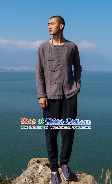 Asian China National Costume Slant Opening Grey Linen Shirts, Traditional Chinese Tang Suit Brass Buttons Upper Outer Garment Clothing for Men