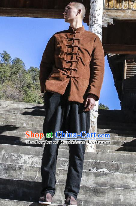 Asian China National Costume Dark Chocolate Corduroy Cotton-padded Jacket, Traditional Chinese Tang Suit Plated Buttons Coat Clothing for Men