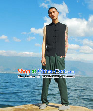 Asian China National Costume Black Linen Vests, Traditional Chinese Tang Suit Plated Buttons Upper Outer Garment Waistcoat Clothing for Men