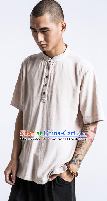 Asian China National Costume Beige Linen Stand Collar T-Shirts, Traditional Chinese Tang Suit Coconut Buttons Upper Outer Garment Clothing for Men