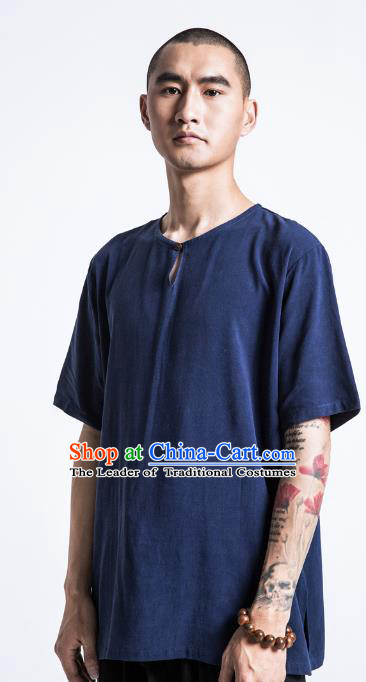 Asian China National Costume Blue Linen T-Shirts, Traditional Chinese Tang Suit Coconut Buttons Upper Outer Garment Clothing for Men