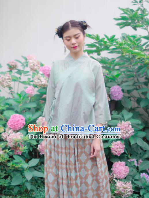 Asian China National Costume Green Linen Hanfu Shirts, Traditional Chinese Tang Suit Slant Opening Upper Outer Garment Clothing for Women