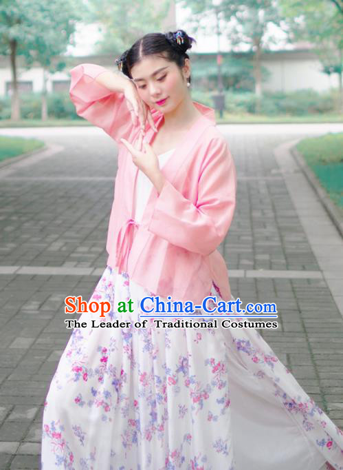 Asian China National Costume Pink Hanfu BeiZi, Traditional Chinese Tang Suit Cardigan Clothing for Women