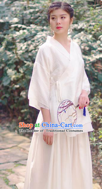 Asian China National Costume White Linen Hanfu Blouse, Traditional Chinese Tang Suit Upper Outer Garment Clothing for Women