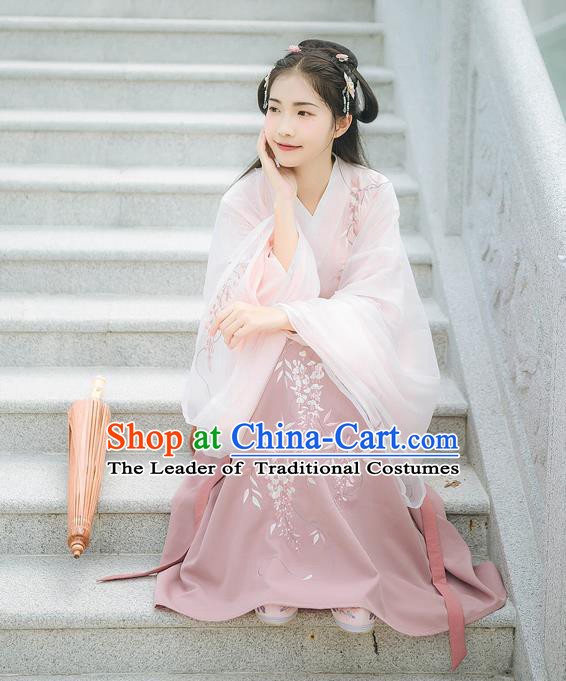 Asian China Han Dynasty Palace Lady Costume Embroidery Pink Blouse and Purple Skirt, Traditional Ancient Chinese Princess Elegant Hanfu Clothing for Women