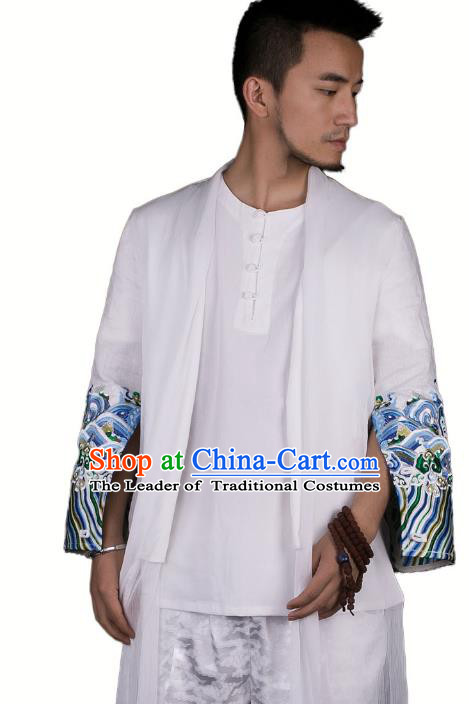 Asian China National Costume Embroidered Dust Coat, Traditional Chinese Tang Suit White Cardigan Clothing for Men