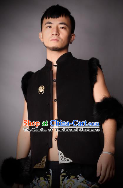 Asian China National Costume Black Vest, Traditional Chinese Tang Suit Plated Buttons Waistcoat Clothing for Men