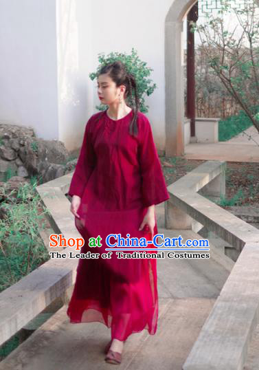 Asian China National Costume Red Linen Hanfu Qipao Dress, Traditional Chinese Tang Suit Cheongsam Clothing for Women