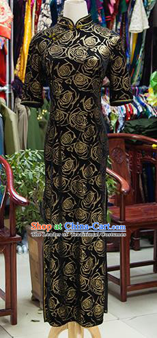 Traditional Ancient Chinese Republic of China Black Cheongsam, Asian Chinese Chirpaur Qipao Dress Clothing for Women