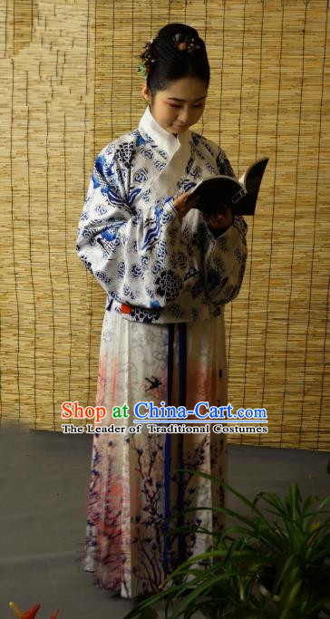 Traditional Chinese Ancient Young Lady Printing Blue Costume, Asian China Ming Dynasty Imperial Concubine Hanfu Clothing for Women