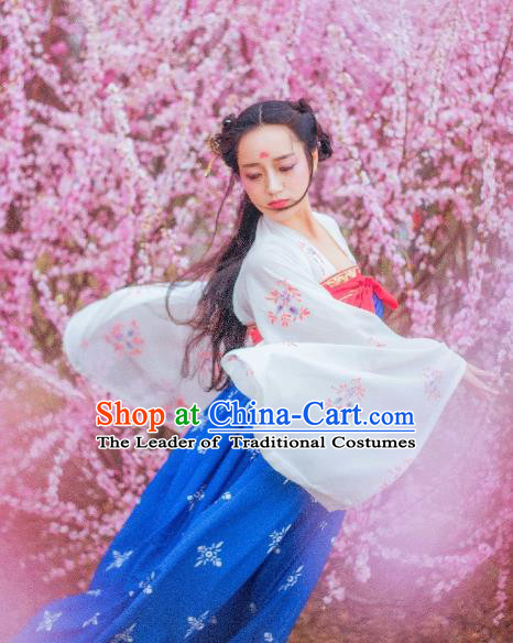 Traditional Chinese Ancient Costume Palace Lady Slip Skirt, Asian China Tang Dynasty Imperial Princess Hanfu Blue Dress Clothing for Women