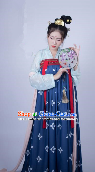 Traditional Chinese Ancient Costume Palace Lady Embroidered Blue Slip Skirt, Asian China Tang Dynasty Imperial Princess Hanfu Clothing for Women