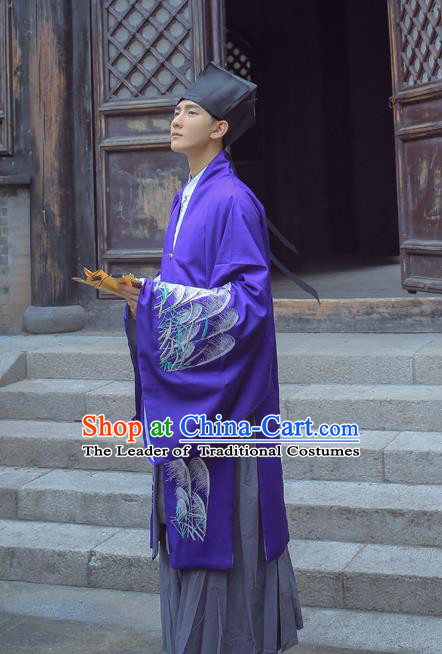 Traditional Ancient Chinese Hanfu Embroidered Purple Cloak Costume, Asian China Han Dynasty Imperial Prince Cardigan Clothing for Men