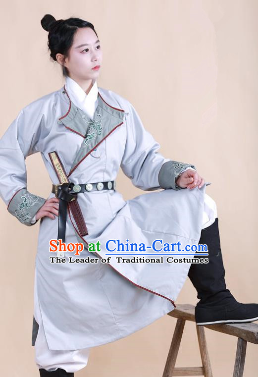 Traditional Ancient Chinese Swordsman Hanfu Costume Grey Embroidered Robe, Asian China Ming Dynasty Imperial Bodyguard Clothing for Women