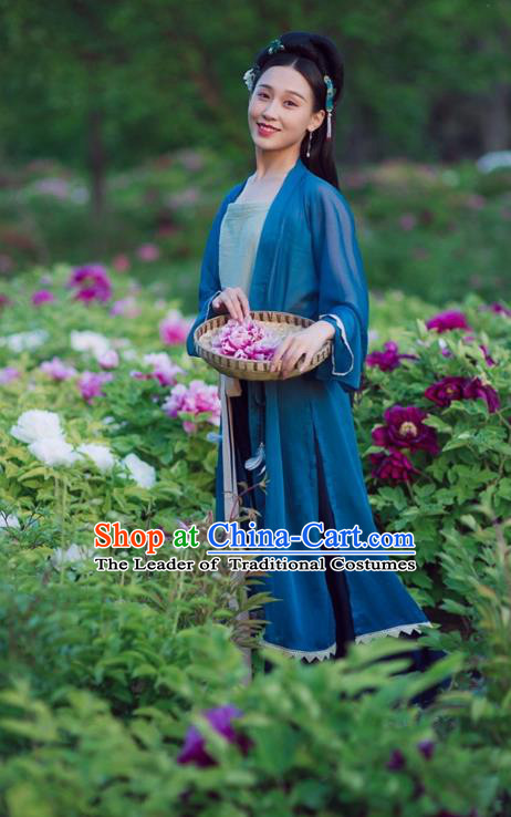 Traditional Chinese Ancient Palace Lady Blue BeiZi, Asian China Song Dynasty Cardigan Clothing for Women
