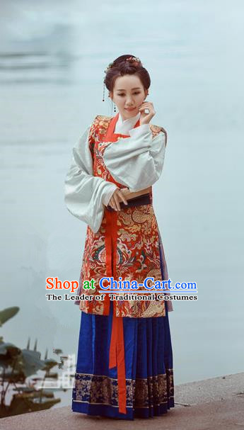 Traditional Chinese Ancient Costume Imperial Concubine Embroidered Vest Blouse and Skirt, Asian China Ming Dynasty Nobility Lady Hanfu Clothing for Women