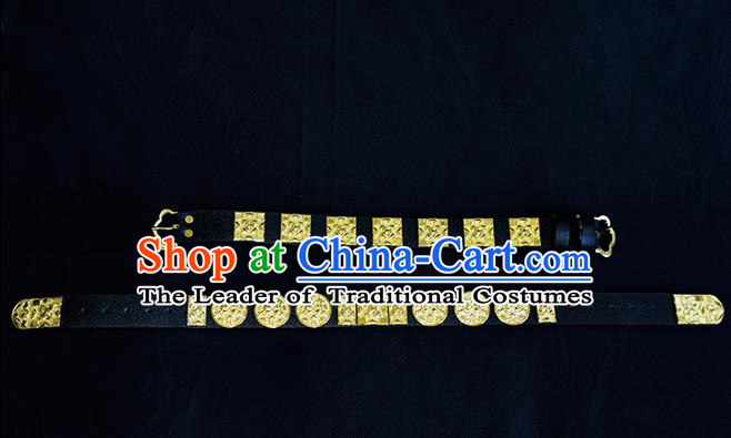Traditional Ancient Chinese Hanfu Black Belts, Asian China Ming Dynasty Imperial Guards Leather Waistband for Men