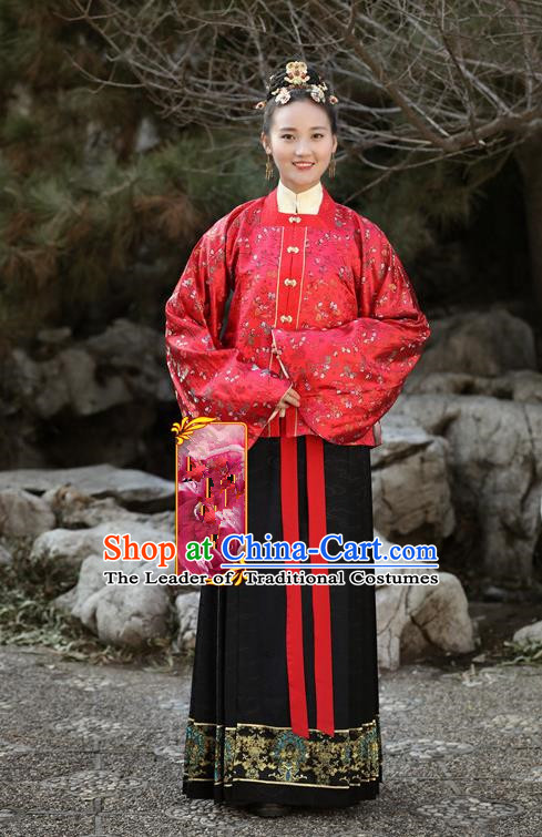 Traditional Chinese Ancient Costume Princess Red Embroidered Blouse and Skirt, Asian China Ming Dynasty Palace Lady Hanfu Clothing for Women