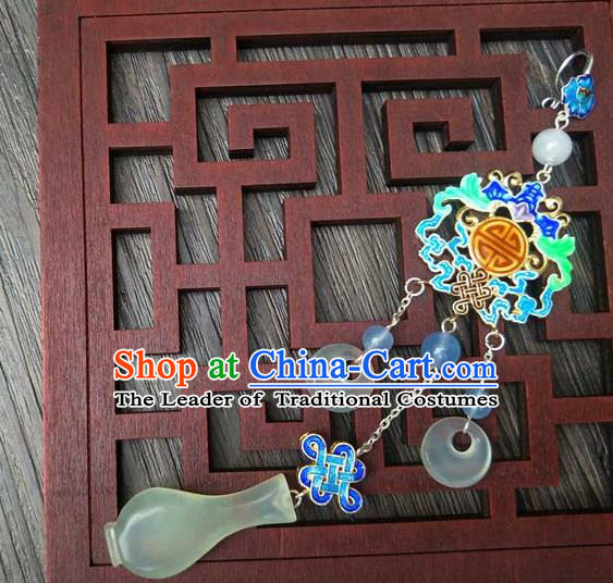 Traditional Handmade Chinese Ancient Classical Hanfu Wedding Accessories Tassel Jade Pendant Blueing Brooch for Women