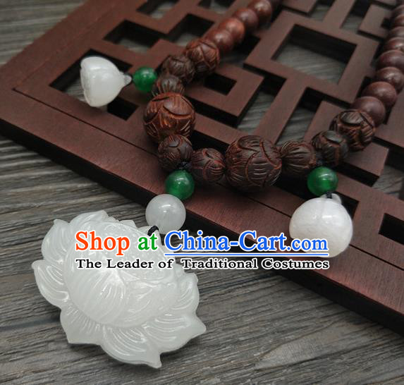 Traditional Handmade Chinese Ancient Classical Jade Lotus Necklace Accessories Queen Sandalwood Beads Necklet for Women