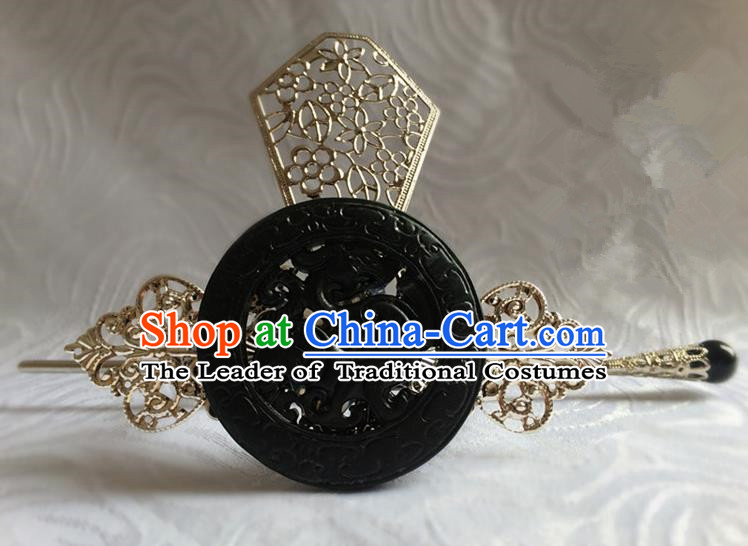 Traditional Handmade Chinese Ancient Classical Hair Accessories Qin Dynasty Emperor Dragons Jade Tuinga Hairdo Crown Hairpins for Men