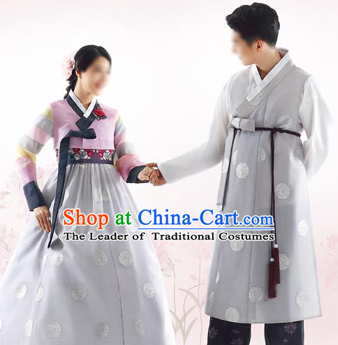 Traditional Korean Costumes Bride and Bridegroom Formal Attire Ceremonial Grey Clothes, Korea Hanbok Court Embroidered Clothing for Women for Men