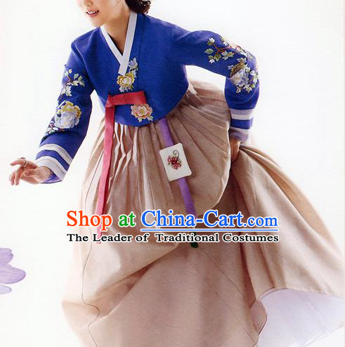 Traditional Korean Costumes Bride Formal Attire Ceremonial Blue Blouse and Brown Dress, Korea Hanbok Court Embroidered Clothing for Women