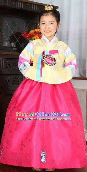 Asian Korean Traditional Handmade Formal Occasions Costume Baby Princess Embroidered Yellow Blouse and Pink Dress Hanbok Clothing for Girls