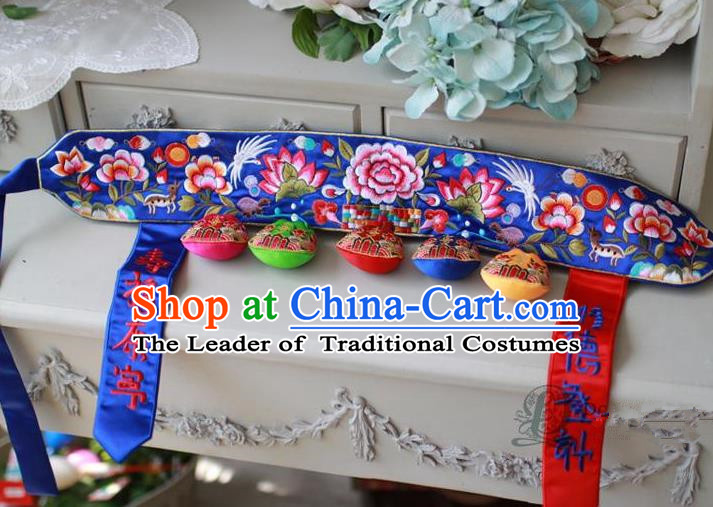 Traditional Korean Accessories Embroidered Blue Waist Belts, Asian Korean Fashion Wedding Tassel Waistband Decorations for Kids
