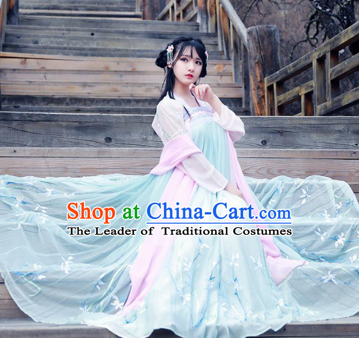 Asian China Tang Dynasty Palace Princess Fairy Costume, Chinese Ancient Nobility Lady Embroidered Clothing for Women