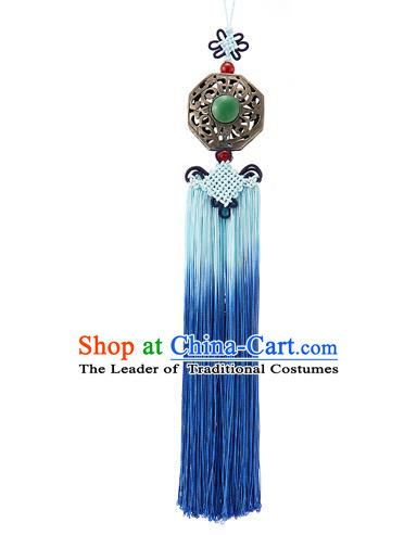 Asian Korean Chinese Knot Blue Tassel Jade Waist Decorations, Korean National Belts Accessories Bride Wedding Hanbok Waist Pendant for Women