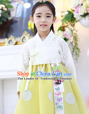 Asian Korean National Handmade Formal Occasions Embroidered White Lace Blouse and Yellow Dress Palace Hanbok Costume for Kids