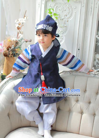 Asian Korean National Handmade Formal Occasions Embroidered Palace Prince Navy Hanbok Costume Complete Set for Boys