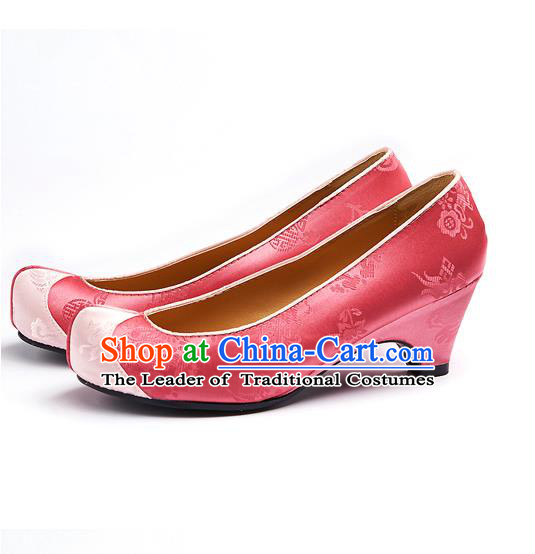 Traditional Korean National Wedding Embroidered Pink Shoes, Asian Korean Hanbok Bride Embroidery Satin Shoes for Women