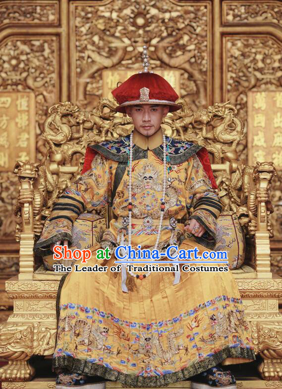 Story of Yanxi Palace Traditional Chinese Qing Dynasty Imperial Emperor Costume and Headwear Complete Set, Chinese Manchu Majesty Mandarin Embroidered Dragon Robe for Men