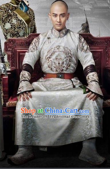 Traditional Chinese Qing Dynasty Prince Costume, Chinese Ancient Manchu Royal Highness Mandarin Embroidered Informal Clothing for Men