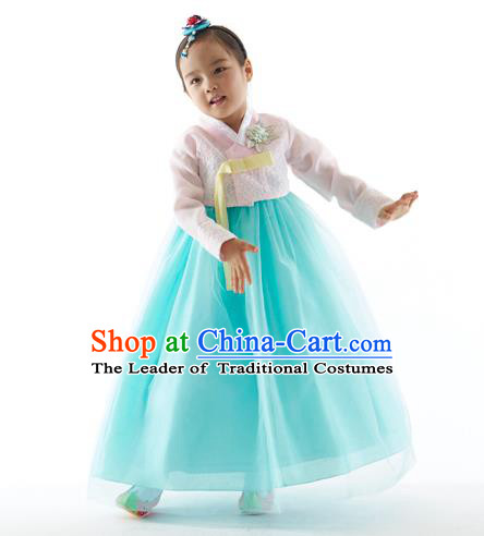 Asian Korean National Handmade Formal Occasions Wedding Clothing Pink Blouse and Blue Dress Palace Hanbok Costume for Kids